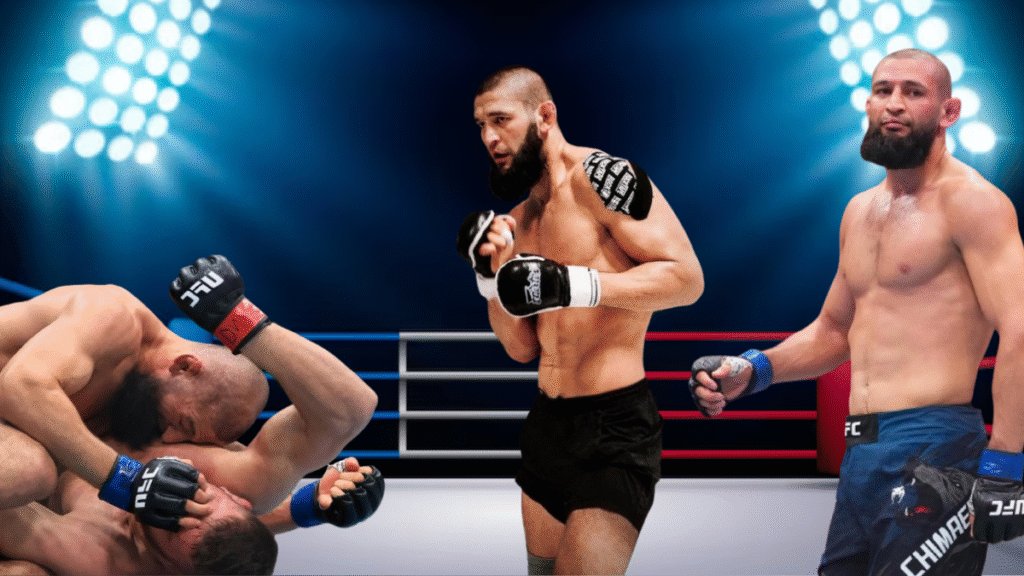 A dynamic scene from a mixed martial arts fight, featuring Khamzat Chimaev in the center, preparing to engage, flanked by two opponents on the ground in a wrestling position. The backdrop includes an illuminated octagon, emphasizing the competitive atmosphere.